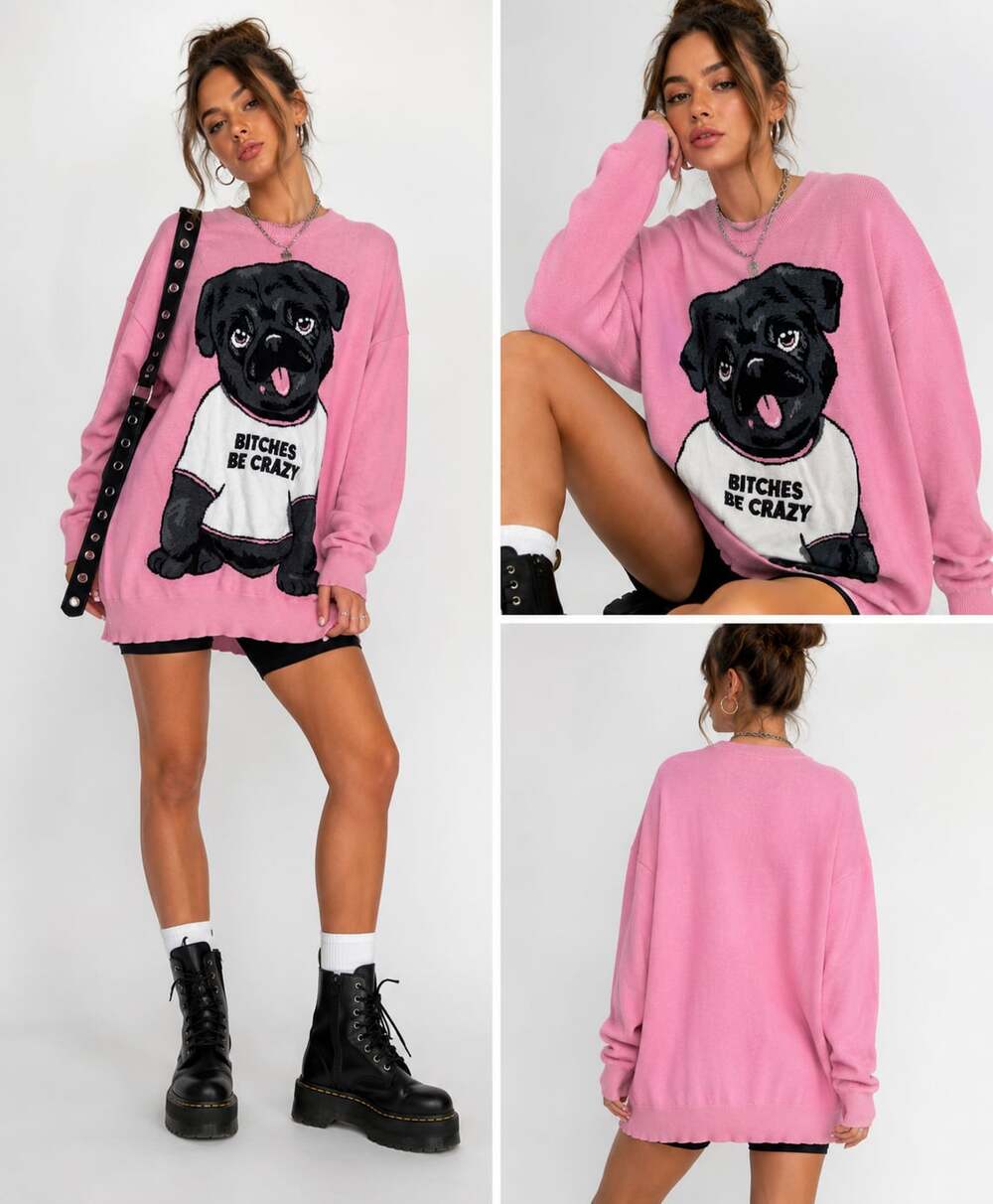 Generation Kiss Ultimate Diva Pug Sweater XS/S Pink Oversized Graphic Knit Dolls